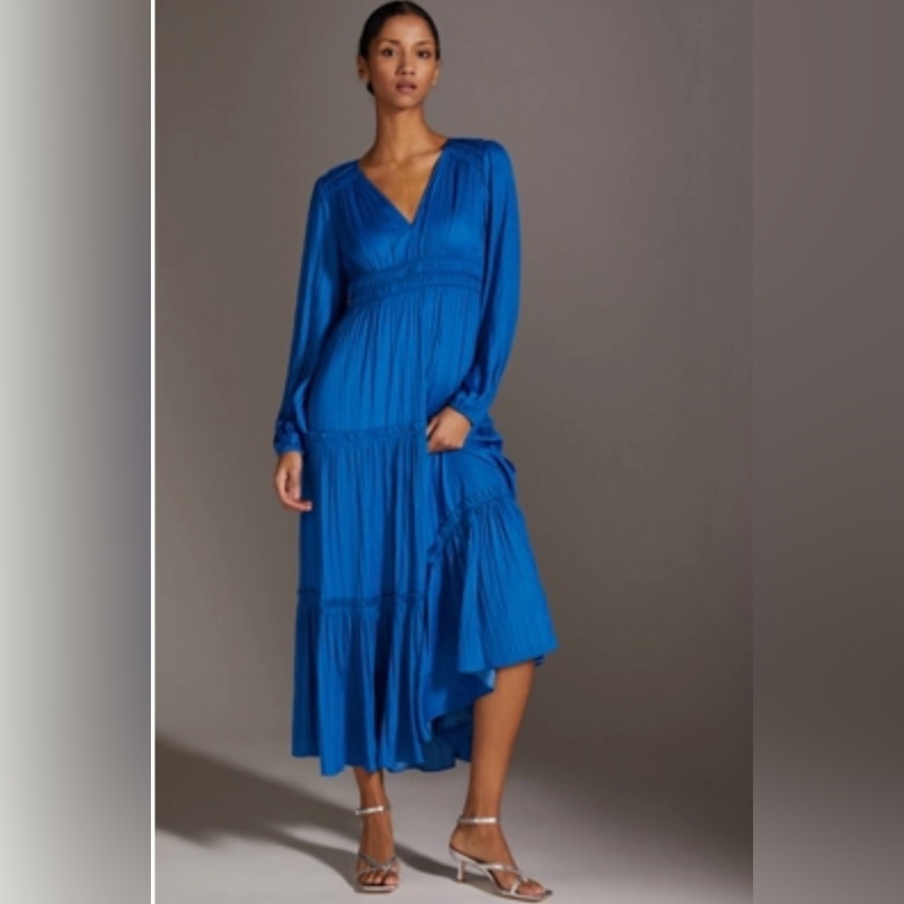 Anthropologie V-Neck Long Sleeve Tiered Maxi Dress in Cobalt Blue